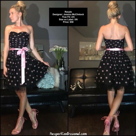 Jessica McClintock Dresses & Skirts - Black Pink Polka Dot Flare Party Cocktail Dress